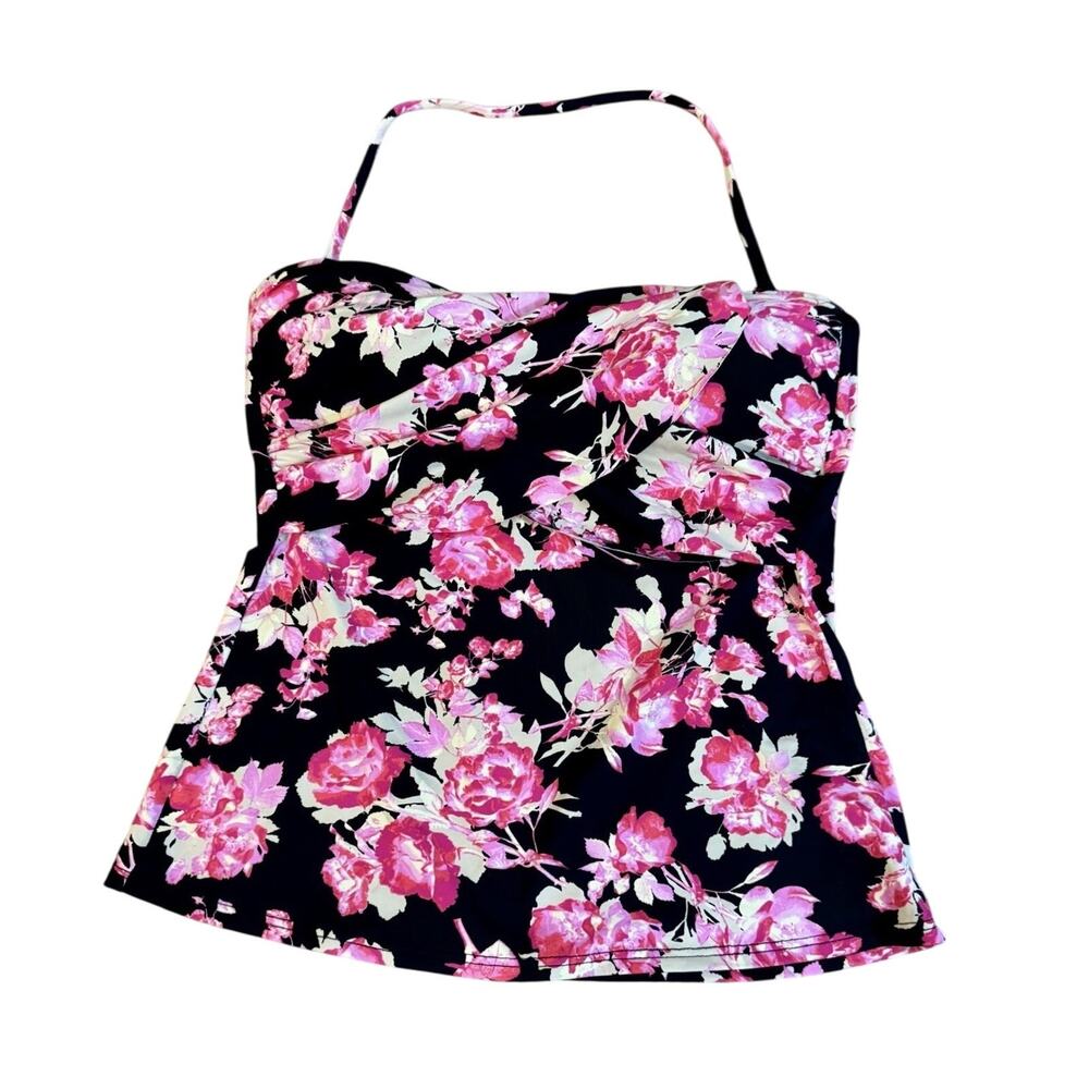 Liz Claiborne Black Floral Pink Tankini Top Padded Cups beach swim women’s 6